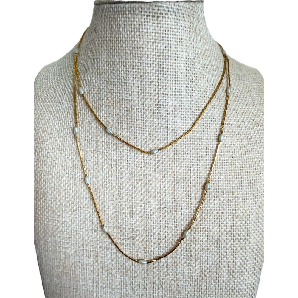 Vintage 1980s Napier Gold Tone Faux Rice Pearl Station Necklace 30 Inch
